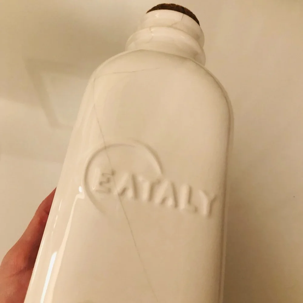 Eataly white glazed ceramic oil, vinegar storage bottle